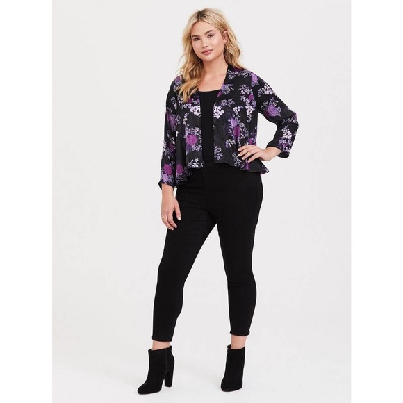 Torrid Purple Floral Satin Kimono Open Front Black Plus Size 3/4 3X 4X H14447 - Picture 9 of 9
